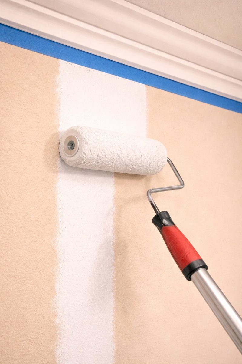 Detail válečku při nanášení bílé barvy na stěnu v komerčním prostoru
